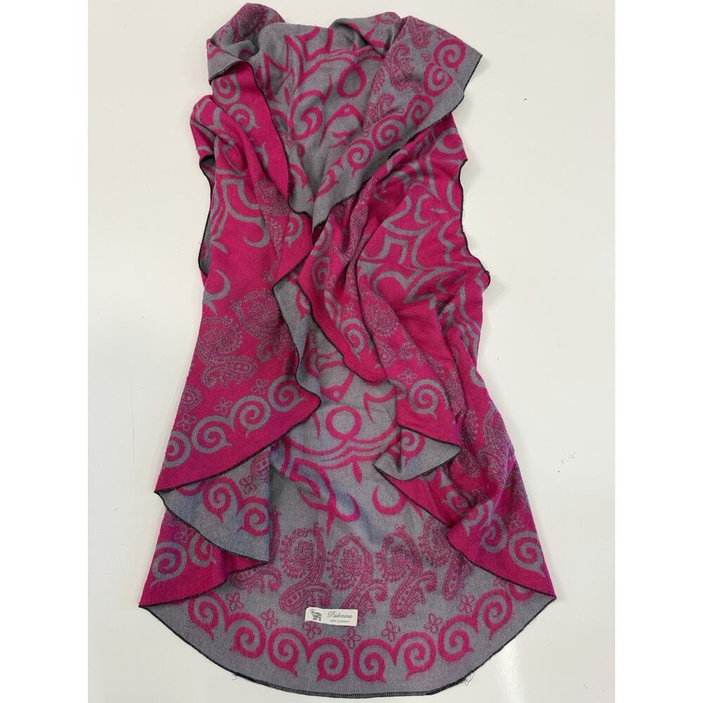 Pashmina Cashmere Wrap Pink & Gray Reversible Ruffled Shawl Poncho Cape One Size